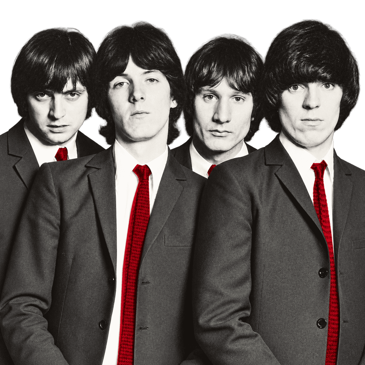 The Pleasers in matching suits gathered around a studio camera
